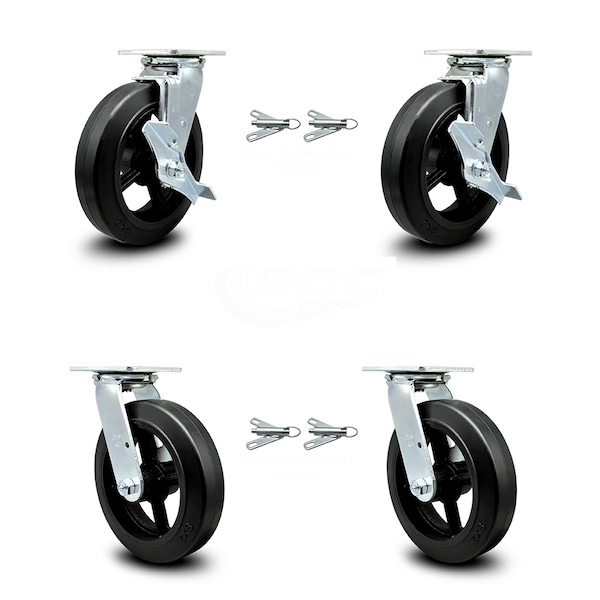 Service Caster 8 Inch Rubber on Steel Caster Set with Roller Bearings 4 Swivel Lock 2 Brake SCC SCC-30CS820-RSR-TLB-BSL-2-BSL-2 - main